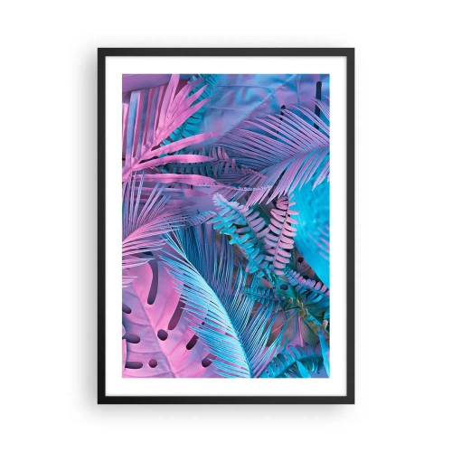 Plakát v černém rámu - Barevné tropické listy v neonových odstínech růžové a modré - 50x70cm - Tropy v růžové a modré - Moderní nástěnná dekorace do obývacího pokoje a ložnice ARTTOR