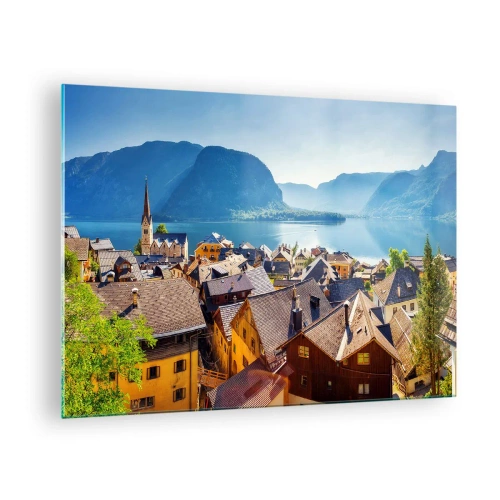 Obraz na skle - Malebné městečko u jezera obklopené horami - 70x50cm - Víc malebně to nejde - Moderní nástěnná dekorace do obývacího pokoje a ložnice ARTTOR