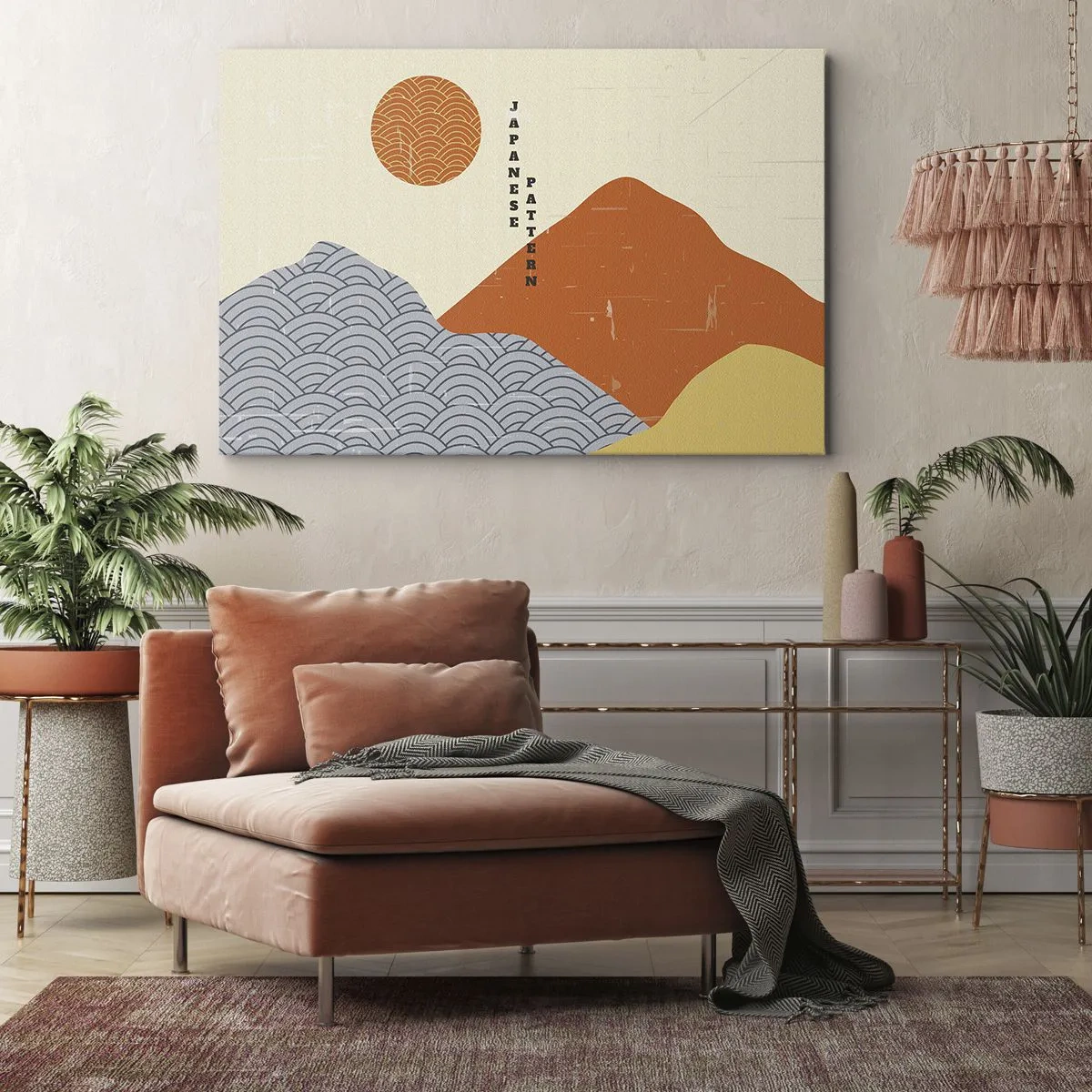 Obraz na plátně - Japonské vzory s horami, sluncem a minimalistickým stylem - 70x50cm - V japonském duchu - Moderní nástěnná dekorace do obývacího pokoje a ložnice ARTTOR