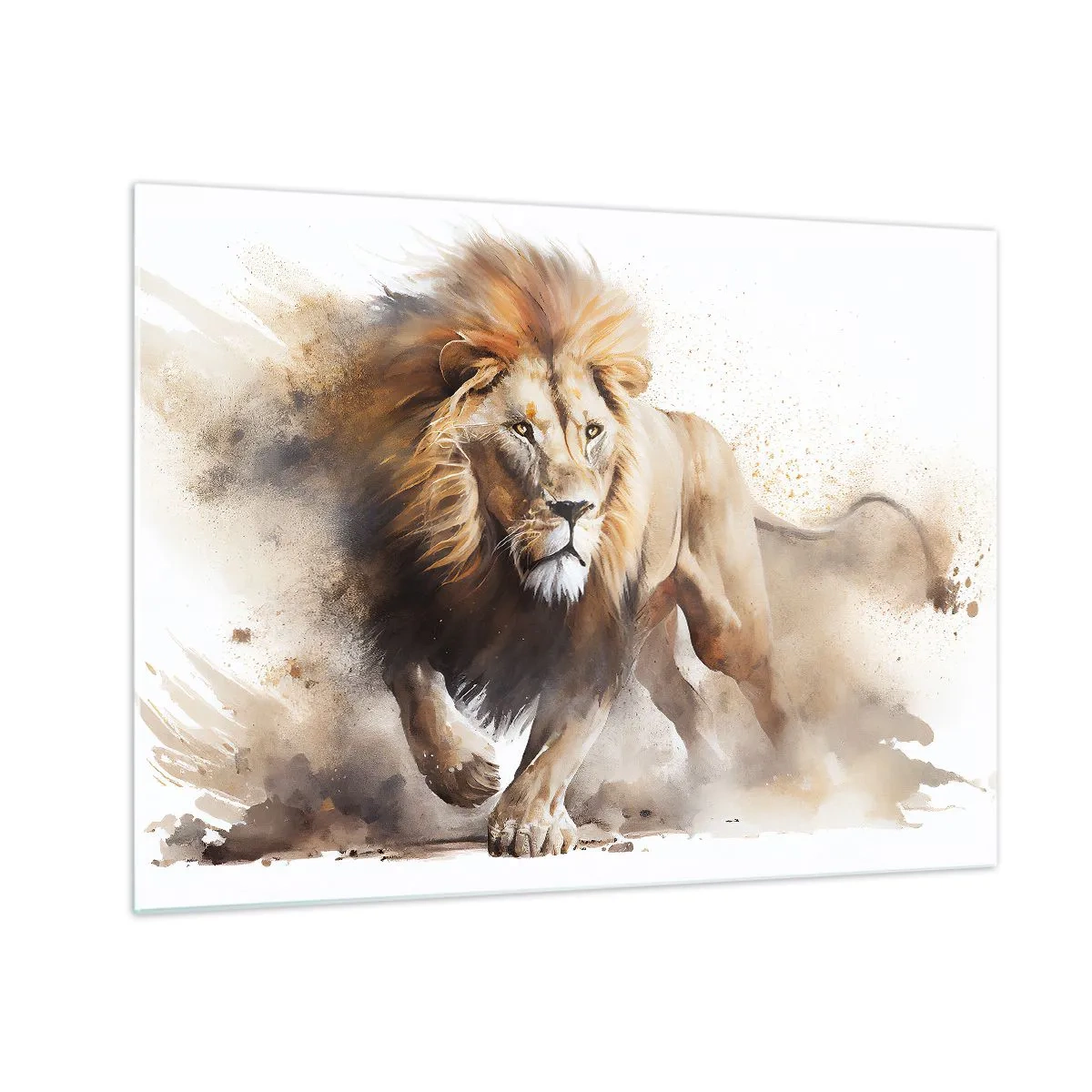 Obraz na skle - Dynamický snímek běžícího lva ve stylu akvarelu - 70x50cm - Král se pohnul - Moderní nástěnná dekorace do obývacího pokoje a ložnice ARTTOR