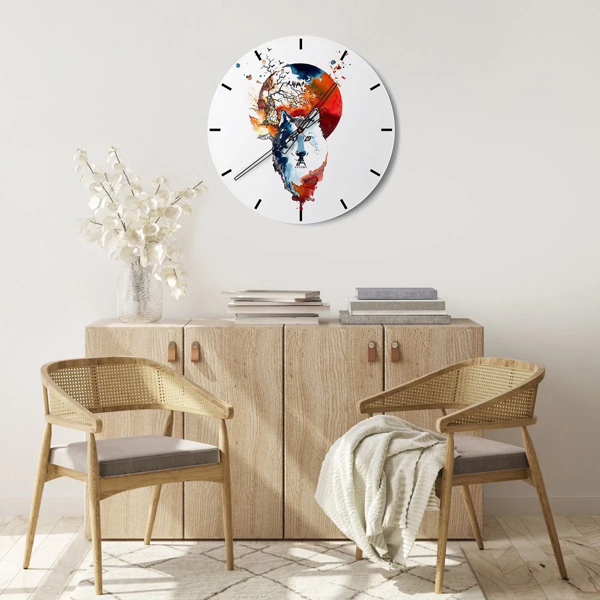 Nástěnné hodiny - Akvarelová kresba vlka se zapadajícím sluncem v pozadí - 30x30cm - Nosem na skle - Moderní nástěnná dekorace do obývacího pokoje, kuchyně a ložnice ARTTOR
