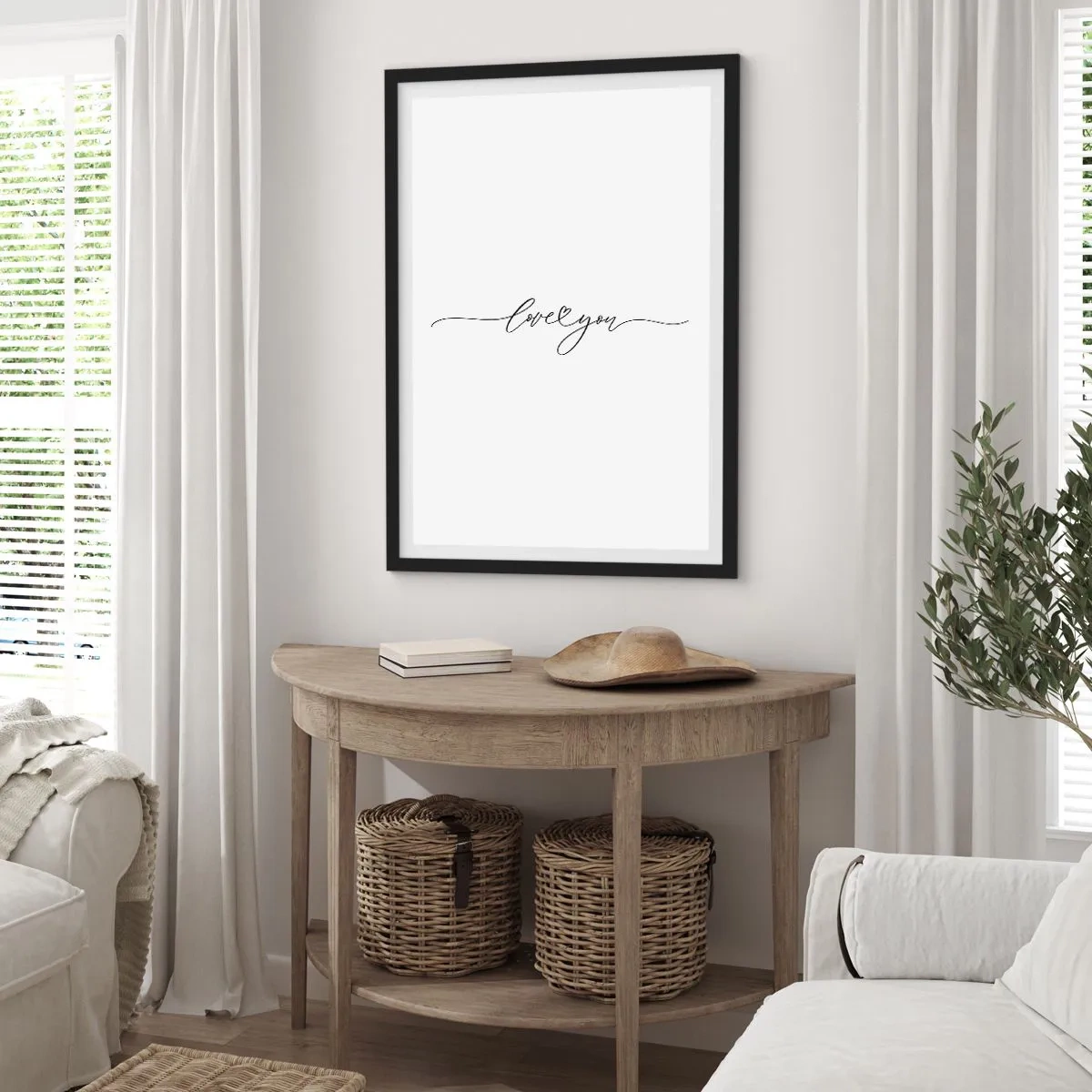 Plakát v černém rámu - Minimalistický nápis "Miluji tě" na bílém pozadí - 50x70cm - Černé na bílém - Moderní nástěnná dekorace do obývacího pokoje a ložnice ARTTOR