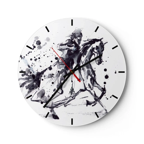Nástěnné hodiny - Černobílý akvarel jezdec na koni - 30x30cm - Černý rytíř - Moderní nástěnná dekorace do obývacího pokoje, kuchyně a ložnice ARTTOR