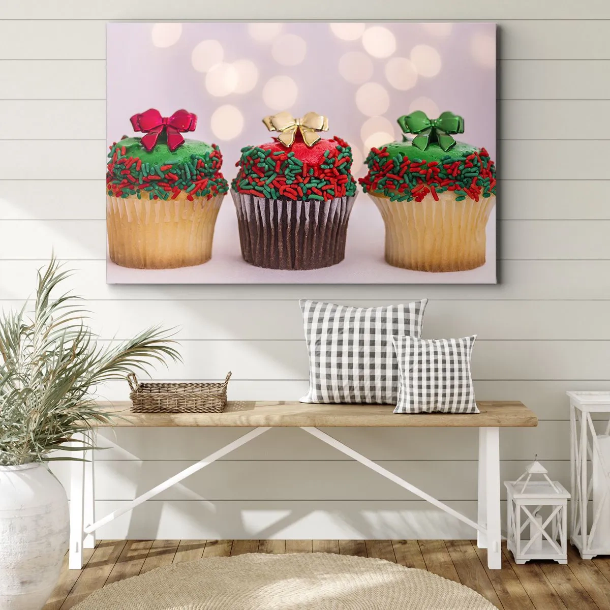 Obraz na plátně - Vánoční košíčky s barevnými posypkami a mašlemi - 70x50cm - Sladkostí až po vrch - Moderní nástěnná dekorace do obývacího pokoje a ložnice ARTTOR