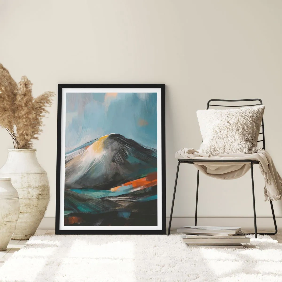 Plakát v černém rámu - Abstraktní horská krajina v odstínech tmavě modré a oranžové - 50x70cm - Syrové i krásné - Moderní nástěnná dekorace do obývacího pokoje a ložnice ARTTOR