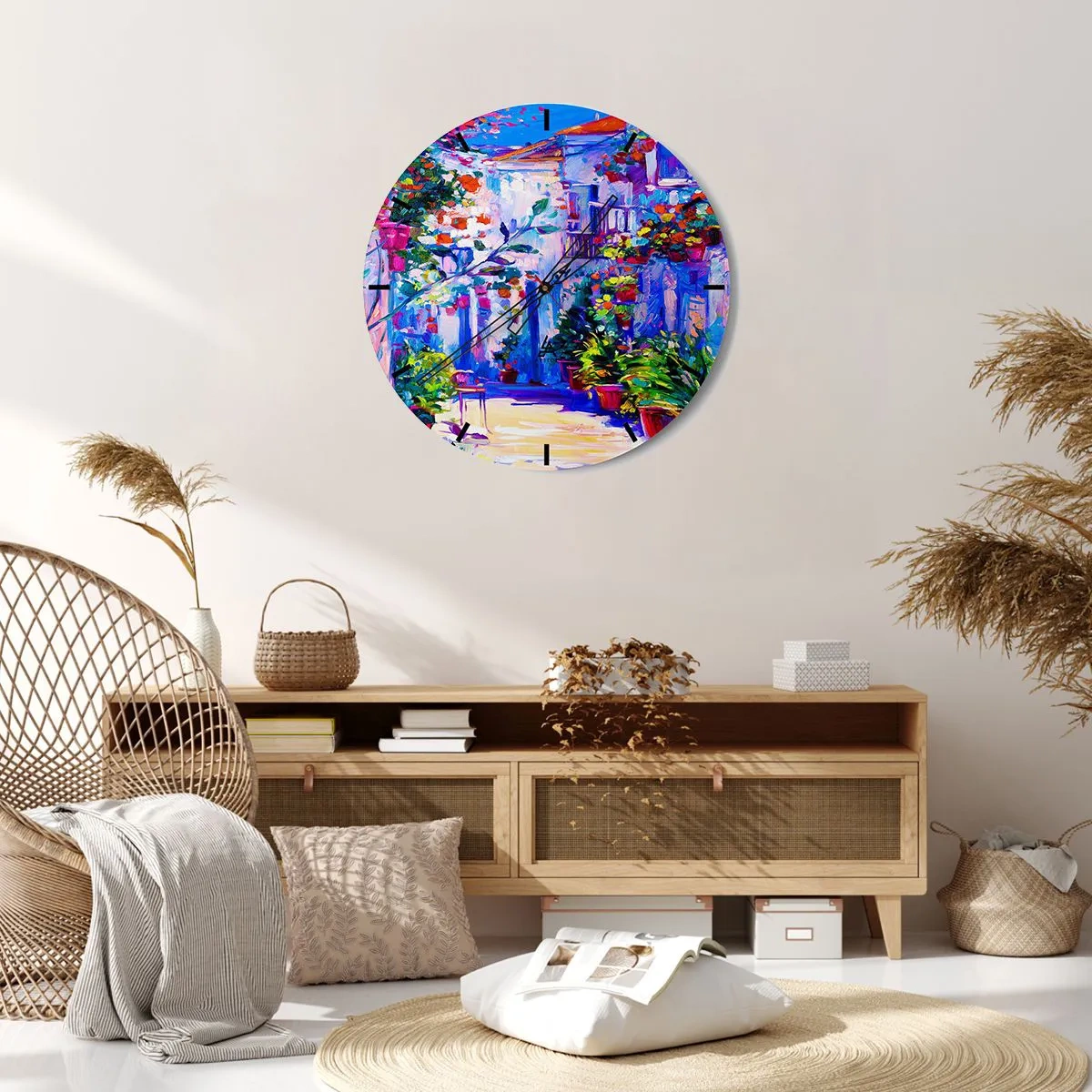 Nástěnné hodiny - Okouzlující terasa plná květin v intenzivních barvách - 30x30cm - Imprese - italská ulička - Moderní nástěnná dekorace do obývacího pokoje, kuchyně a ložnice ARTTOR