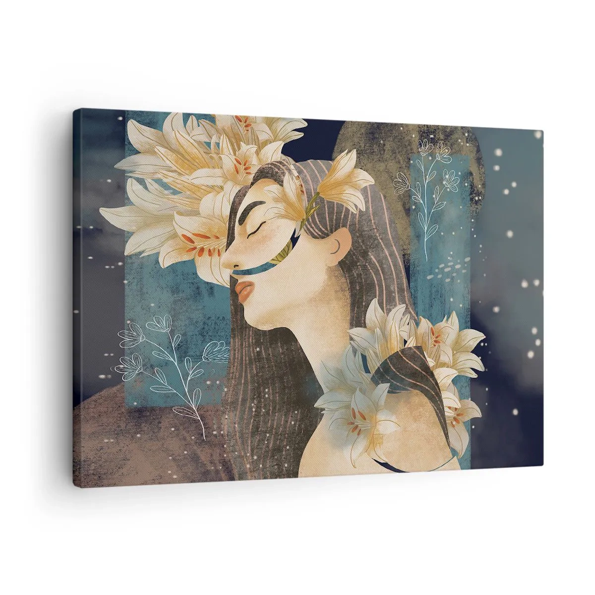 Obraz na plátně - Portrét ženy s květinami v uměleckém stylu na tmavém pozadí - 70x50cm - Pohádka o princezně s liliemi - Moderní nástěnná dekorace do obývacího pokoje a ložnice ARTTOR