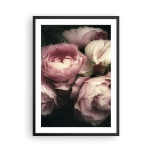Plakát v černém rámu - Růžové pivoňky v elegantním, klasickém aranžmá - 50x70cm - Kouzlo belle epoque - Moderní nástěnná dekorace do obývacího pokoje a ložnice ARTTOR