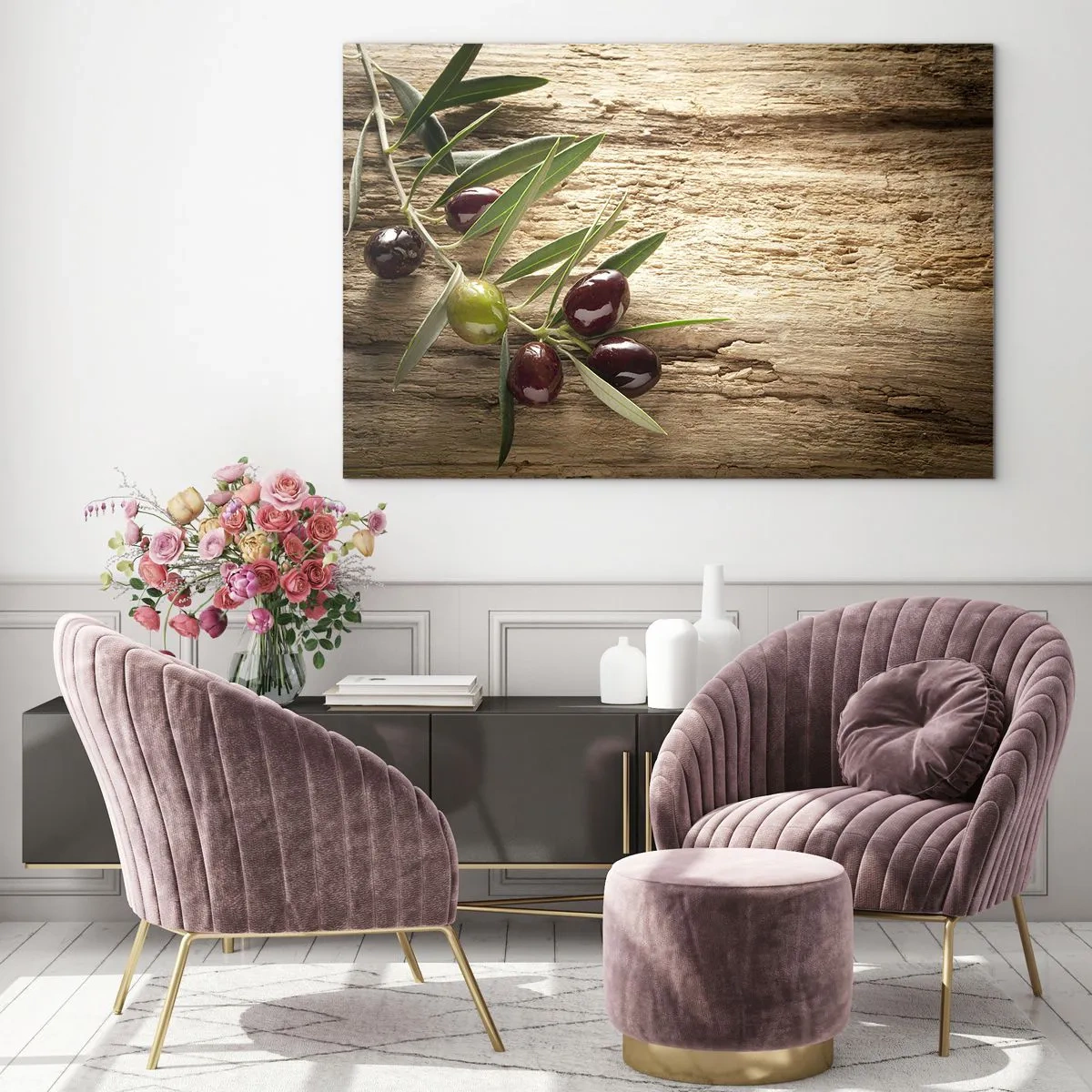 Obraz na skle - Olivová ratolest na dřevěném pozadí - 70x50cm - Přímo od přírody - Moderní nástěnná dekorace do obývacího pokoje a ložnice ARTTOR