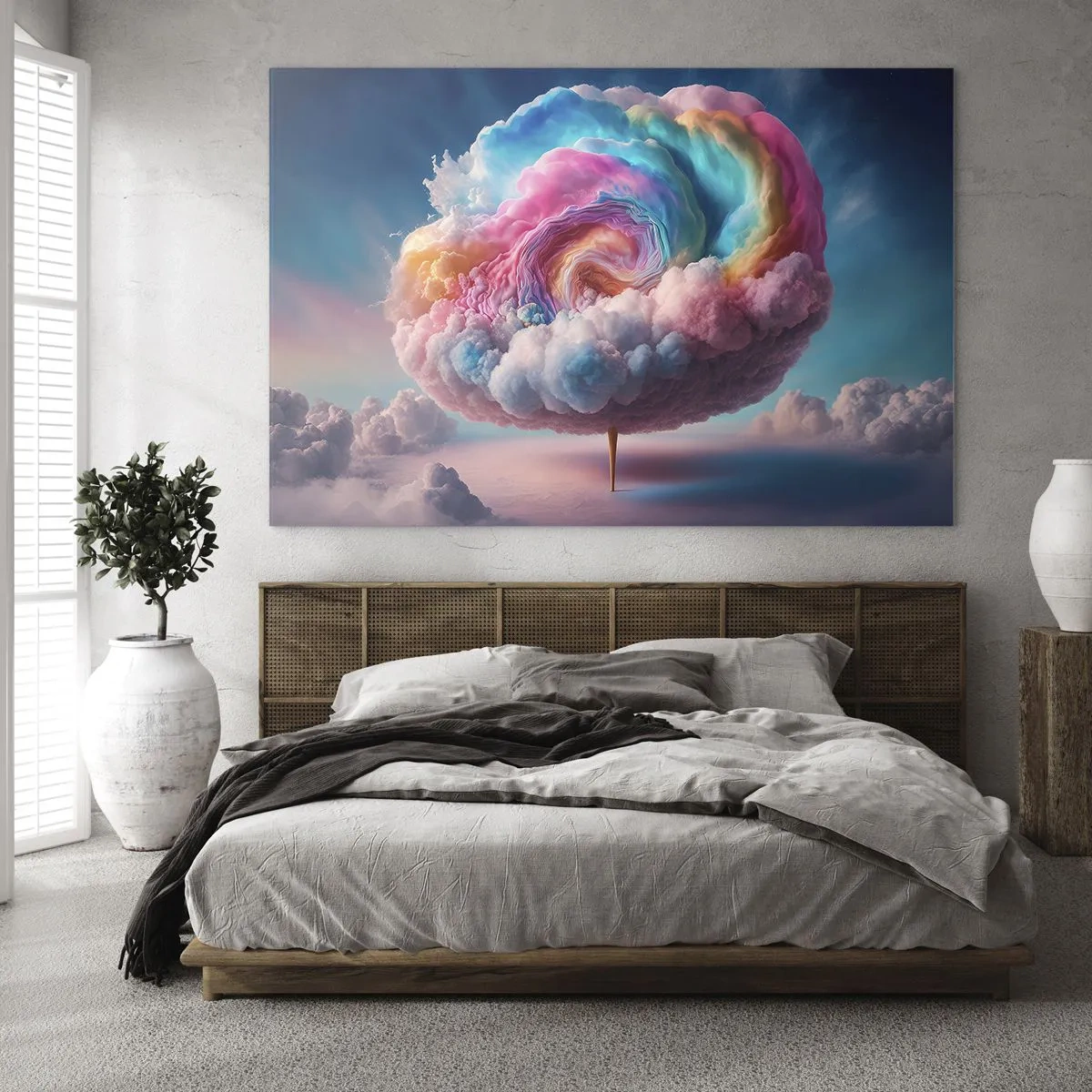Obraz na skle - Fantastický oblak v pastelových barvách připomínající cukrovou vatu. - 70x50cm - Sen o zábavním parku - Moderní nástěnná dekorace do obývacího pokoje a ložnice ARTTOR