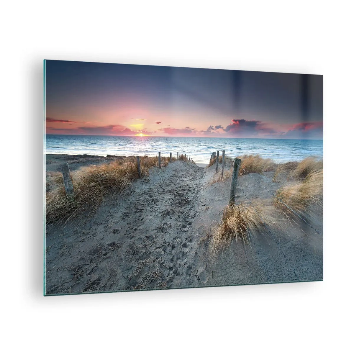 Obraz na skle - Cesta přes duny vedoucí k moři při západu slunce - 70x50cm - Za trochu lásky šel bych světa kraj… - Moderní nástěnná dekorace do obývacího pokoje a ložnice ARTTOR