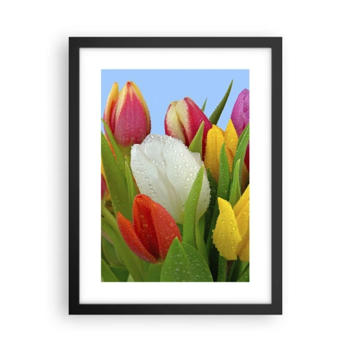 Plakát v černém rámu - Květinová duha v kapkách rosy - 30x40 cm