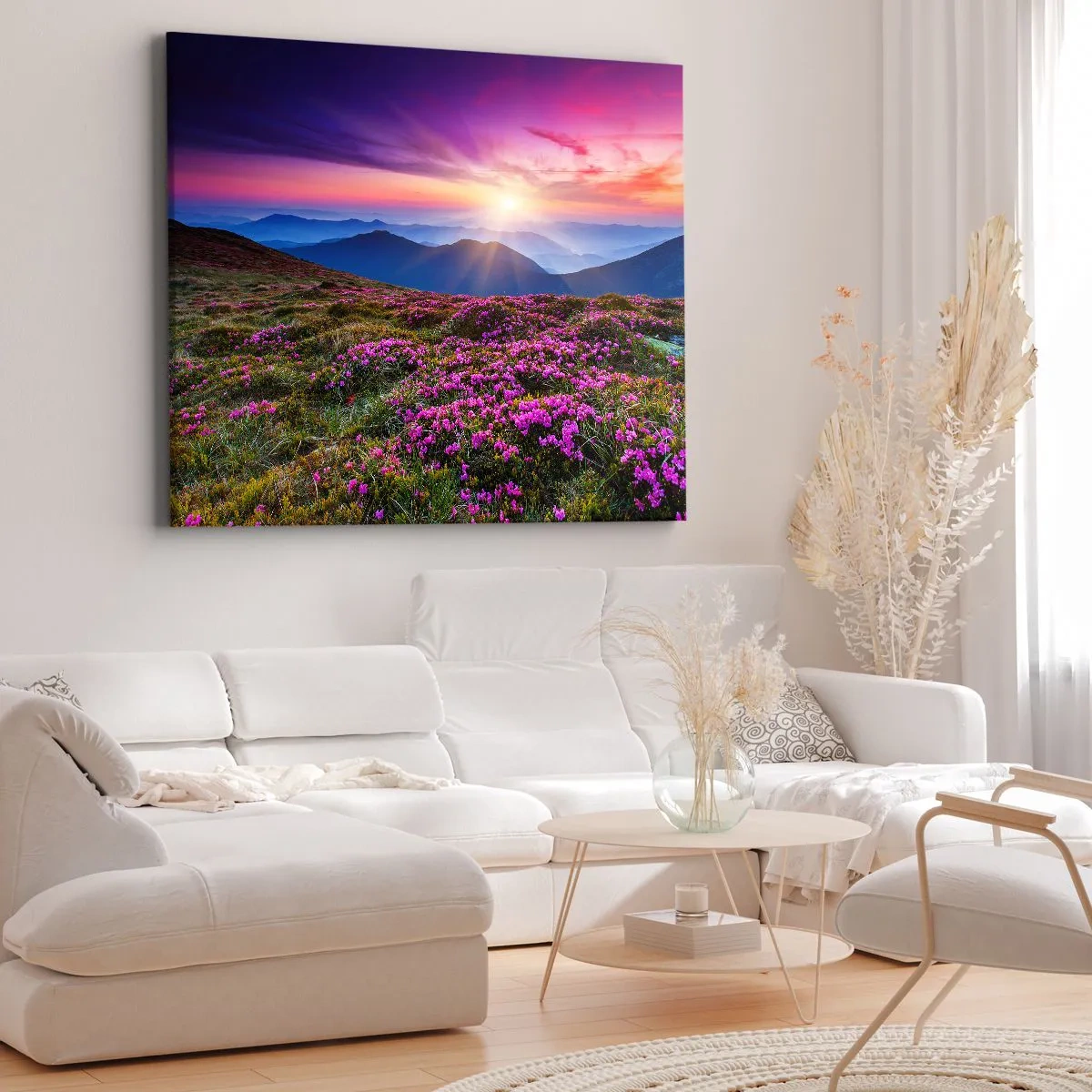 Obraz na plátně - Horská louka s květinami při západu slunce - 70x50cm - Zavoněly svěží pupeny bylinek z obilných polí - Moderní nástěnná dekorace do obývacího pokoje a ložnice ARTTOR