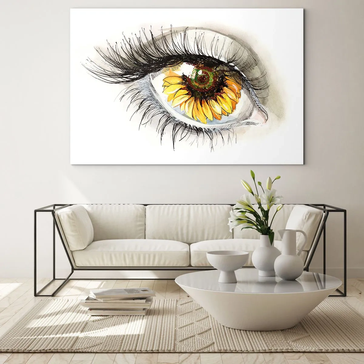 Obraz na skle - Oko s motivem slunečnice obklopené jemnými detaily - 70x50cm - Pohled žhavý jako léto - Moderní nástěnná dekorace do obývacího pokoje a ložnice ARTTOR