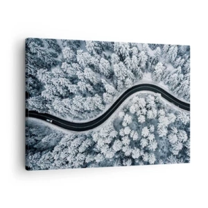 Obraz na plátně - Pohled z ptačí perspektivy na klikatou cestu v zimním lese - 70x50cm - Zimním lesem - Moderní nástěnná dekorace do obývacího pokoje a ložnice ARTTOR