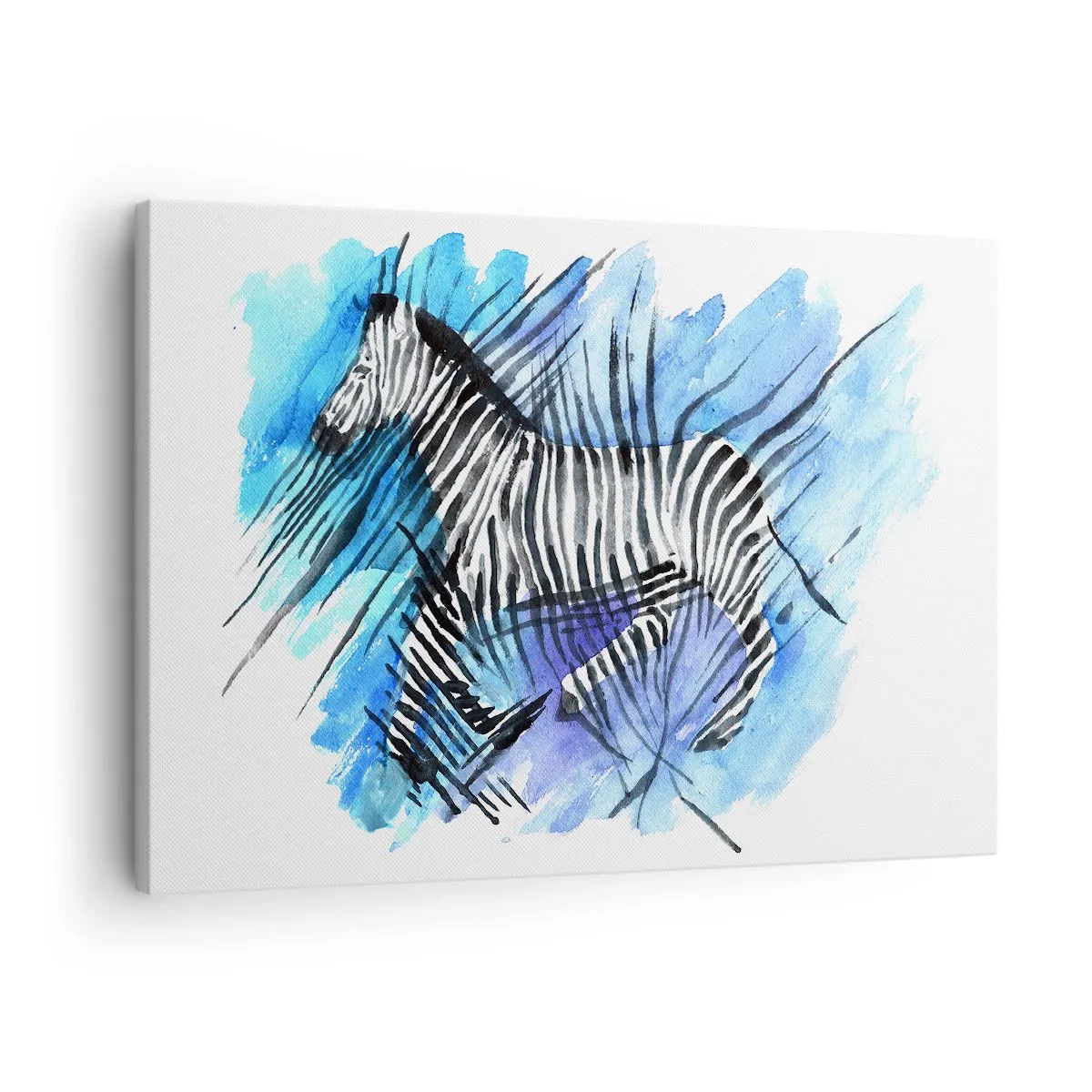 Obraz na plátně - Akvarelová ilustrace zebry proti modré obloze - 70x50cm - Skrytá v proužcích - Moderní nástěnná dekorace do obývacího pokoje a ložnice ARTTOR