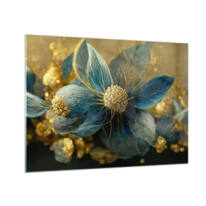Obraz na skle - Modré a zlaté květy s luxusním nádechem - 70x50cm - Rozkvést zlatem - Moderní nástěnná dekorace do obývacího pokoje a ložnice ARTTOR
