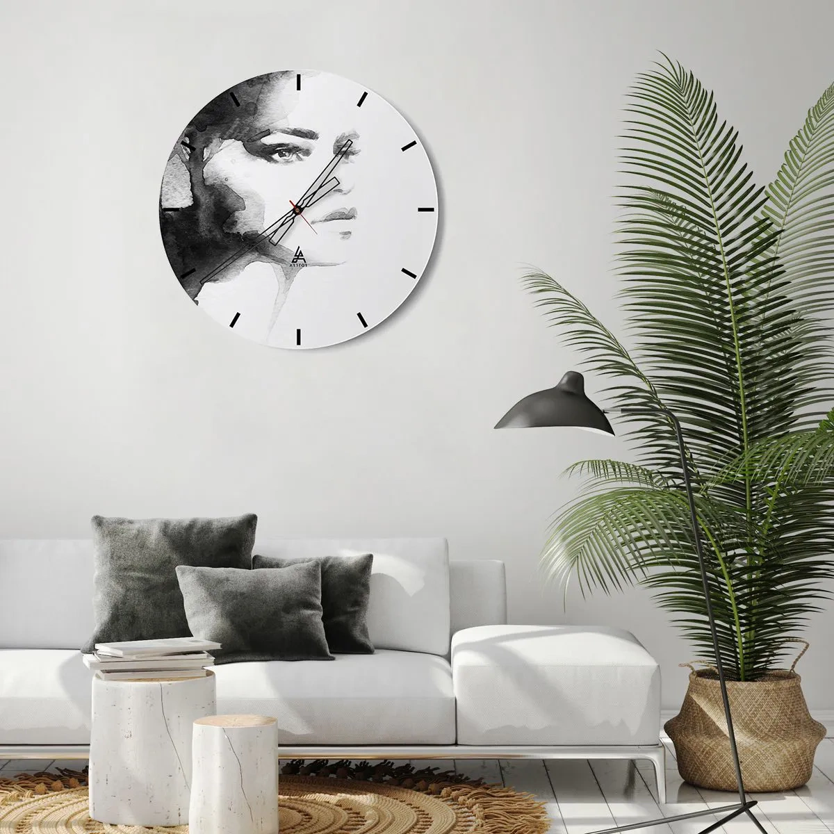 Nástěnné hodiny - Černobílý akvarelový portrét ženy - 30x30cm - Vytvořená z tajemství a mlhy - Moderní nástěnná dekorace do obývacího pokoje, kuchyně a ložnice ARTTOR