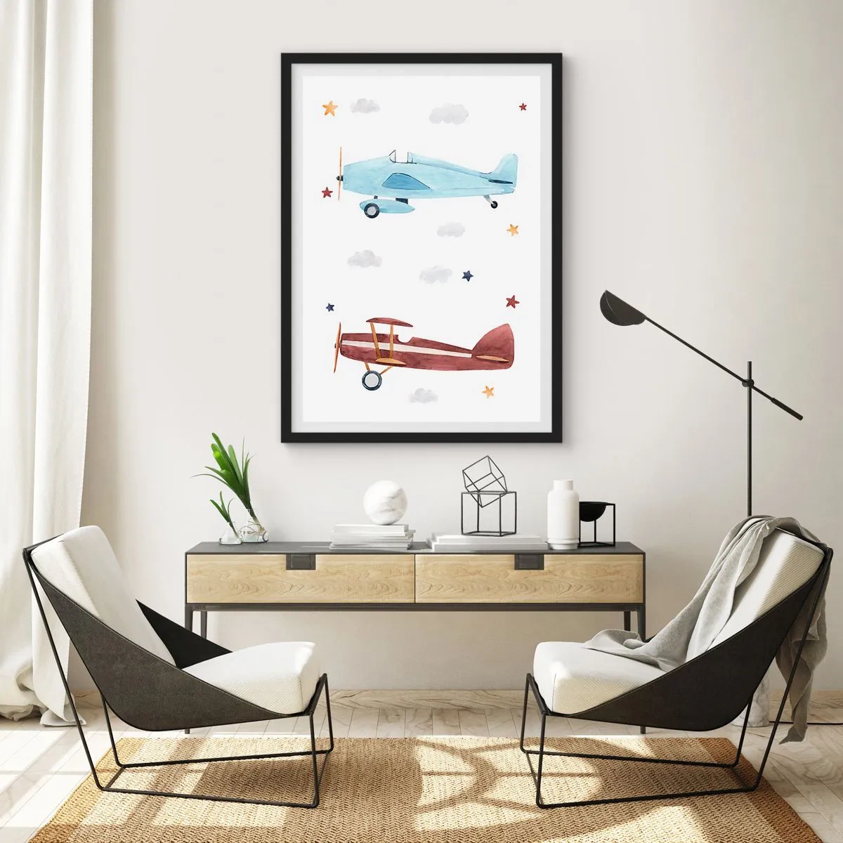 Plakát v černém rámu - Akvarelové ilustrace dvou letadel plujících mezi mraky a hvězdami. - 50x70cm - Pane pilote, čekáme! - Moderní nástěnná dekorace do obývacího pokoje a ložnice ARTTOR