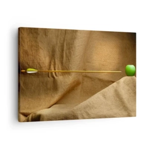 Obraz na plátně - Zelené jablko na látce se šipkou vytvářející kompozici - 70x50cm - Přivolat ducha Wilhelma Tella - Moderní nástěnná dekorace do obývacího pokoje a ložnice ARTTOR