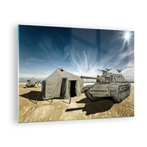Obraz na skle - Tank a stan v pouštním pozadí pod modrou oblohou - 70x50cm - Militantní sen - Moderní nástěnná dekorace do obývacího pokoje a ložnice ARTTOR
