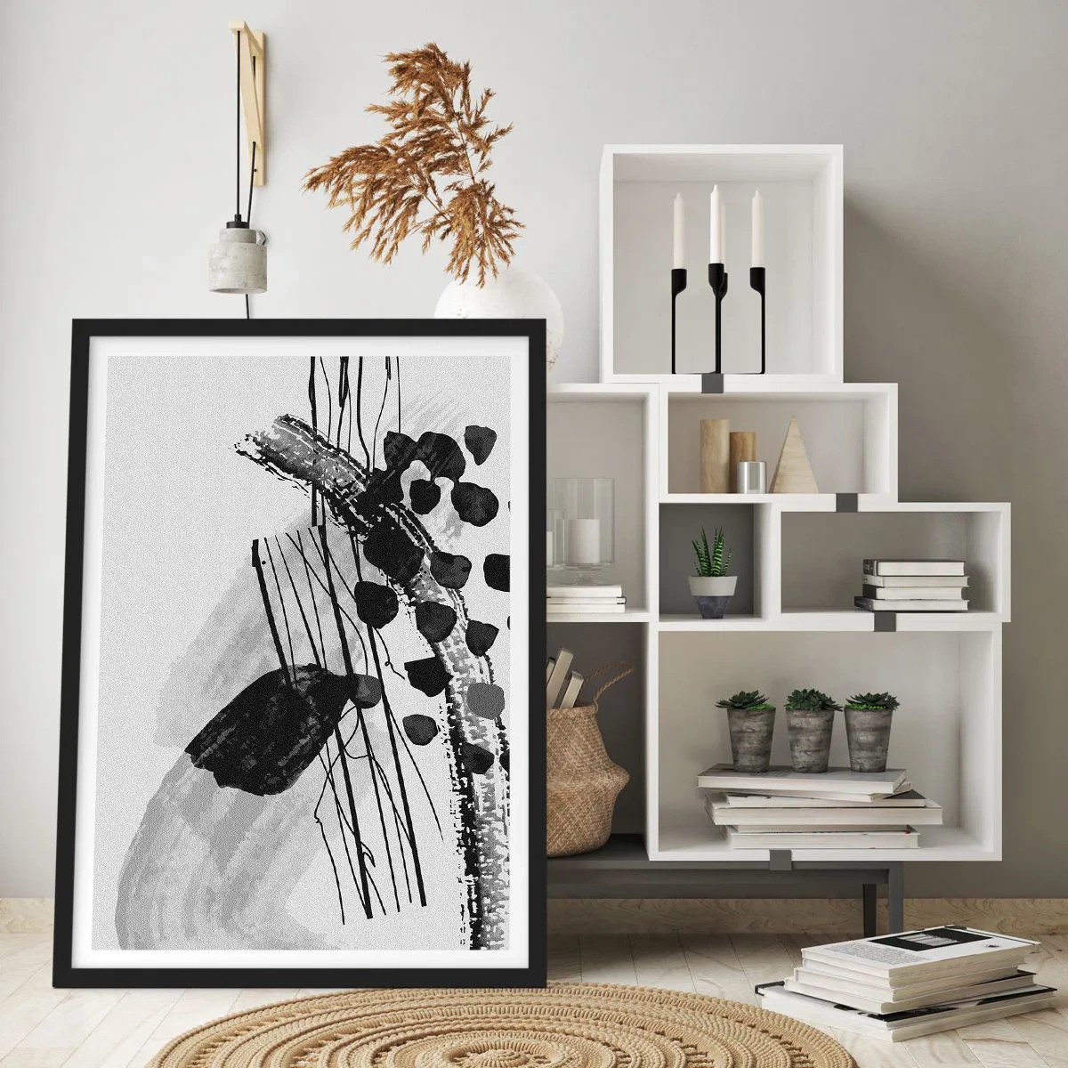 Plakát v černém rámu - Moderní abstrakce v černé a bílé s dynamickými liniemi - 50x70cm - Černobílá organická abstrakce - Moderní nástěnná dekorace do obývacího pokoje a ložnice ARTTOR