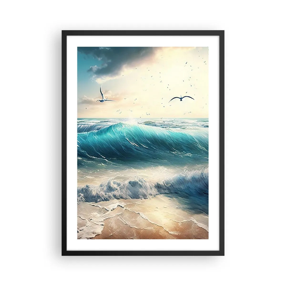 Plakát v černém rámu - Tyrkysové vlny tříštící se o břeh - 50x70cm - Šustění jen pro tebe - Moderní nástěnná dekorace do obývacího pokoje a ložnice ARTTOR