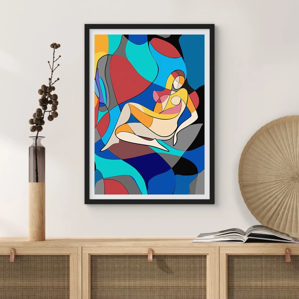 Plakát v černém rámu - Abstraktní silueta ženy v barevné kompozici - 50x70cm - Kubistický akt - Moderní nástěnná dekorace do obývacího pokoje a ložnice ARTTOR