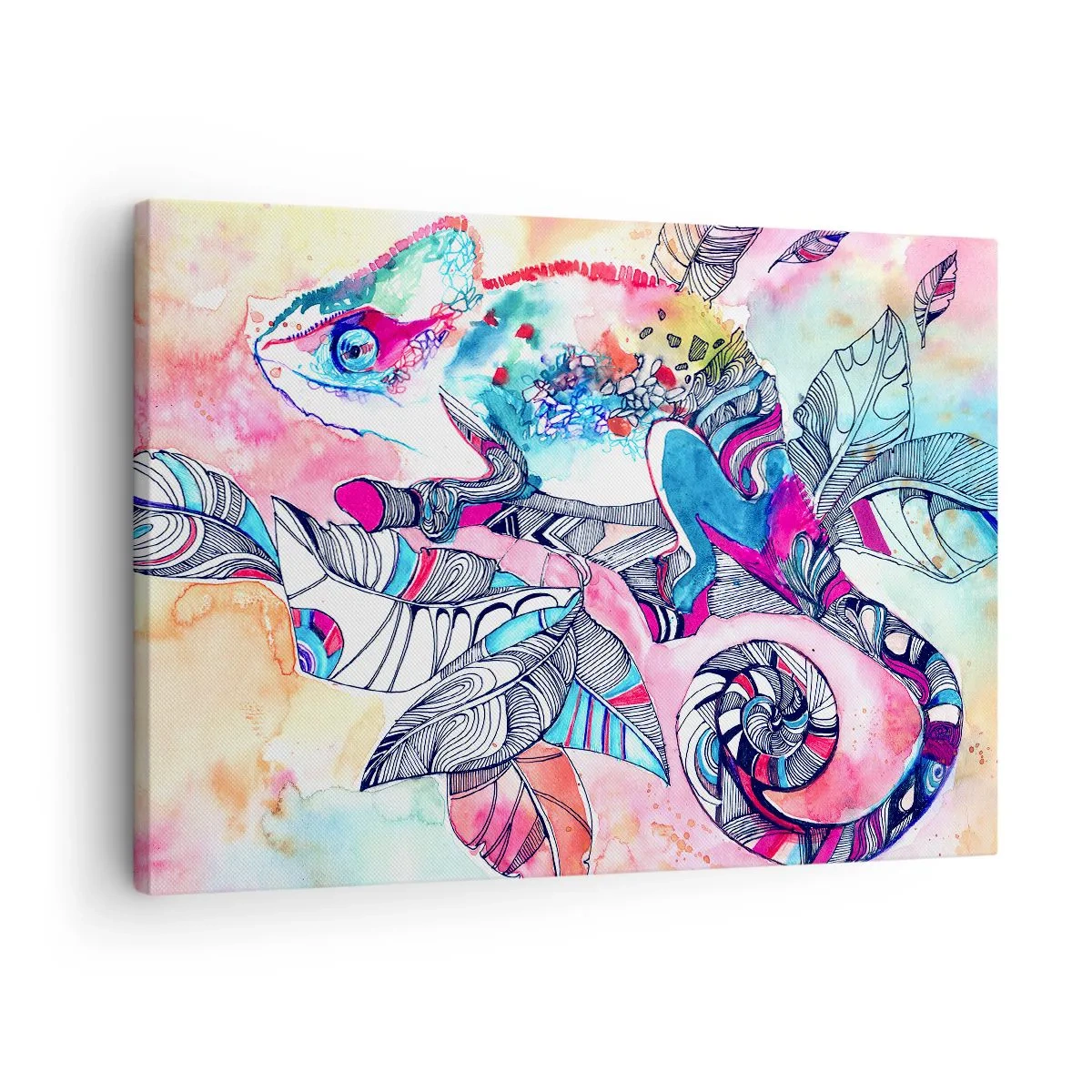 Obraz na plátně - Barevný chameleon na pozadí abstraktních listů - 70x50cm - Barevný jako náš svět - Moderní nástěnná dekorace do obývacího pokoje a ložnice ARTTOR