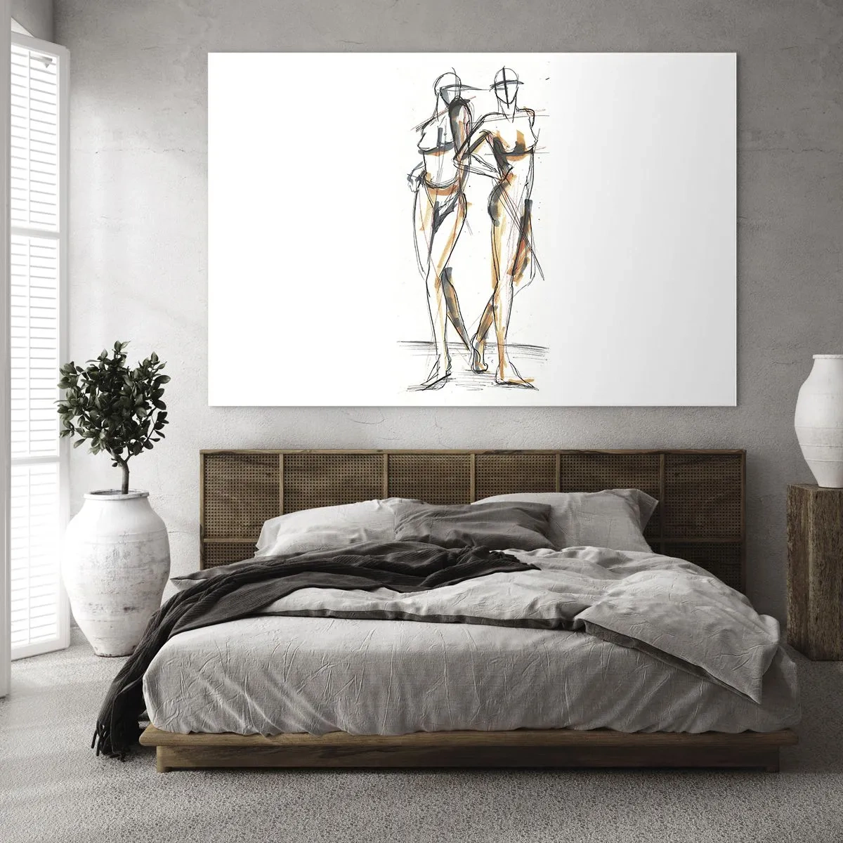 Obraz na skle - Umělecká skica dvou žen v minimalistickém stylu. - 70x50cm - Studie šarmu - Moderní nástěnná dekorace do obývacího pokoje a ložnice ARTTOR