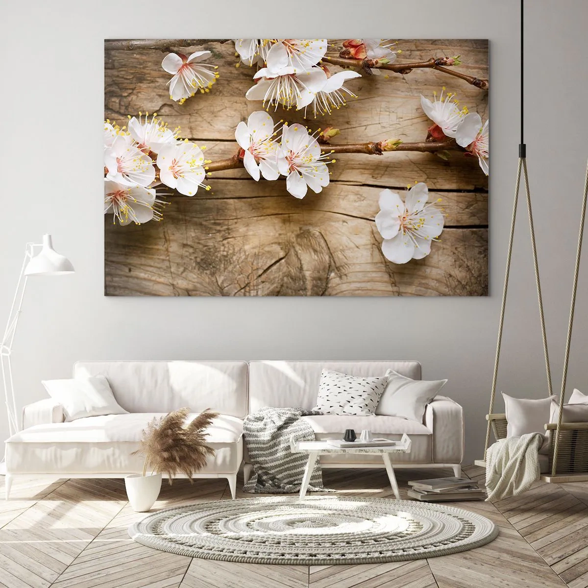 Obraz na skle - Větve kvetoucích třešní na dřevěném pozadí - 70x50cm - A bylo jaro - Moderní nástěnná dekorace do obývacího pokoje a ložnice ARTTOR
