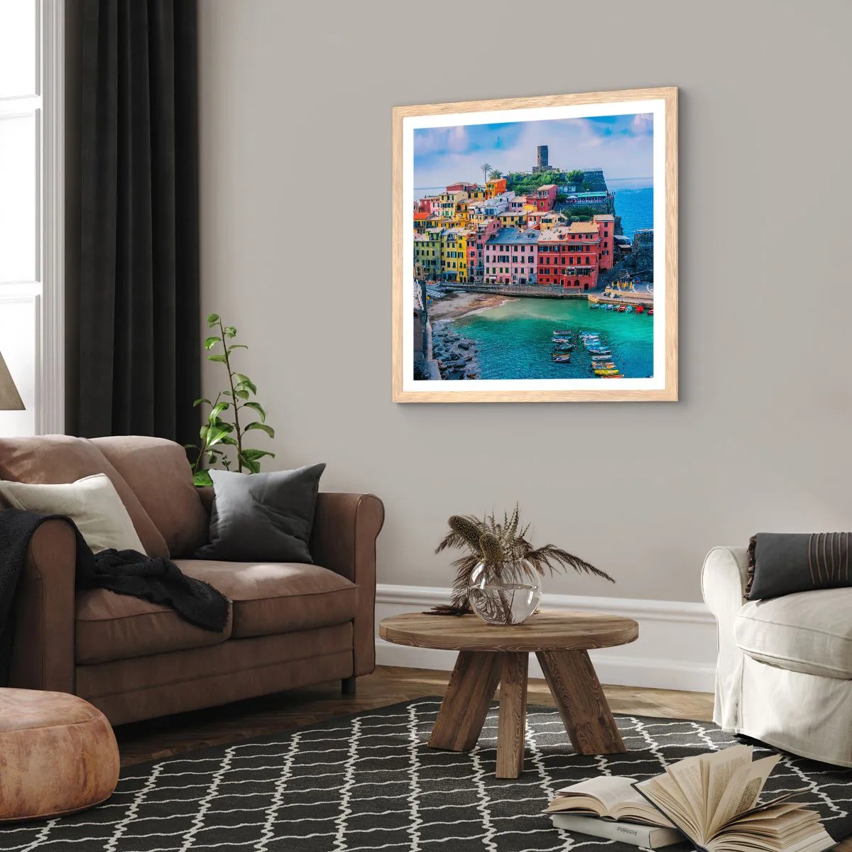 Plakát v rámu světlý dub - Středomořské kouzelné městečko - 50x50 cm