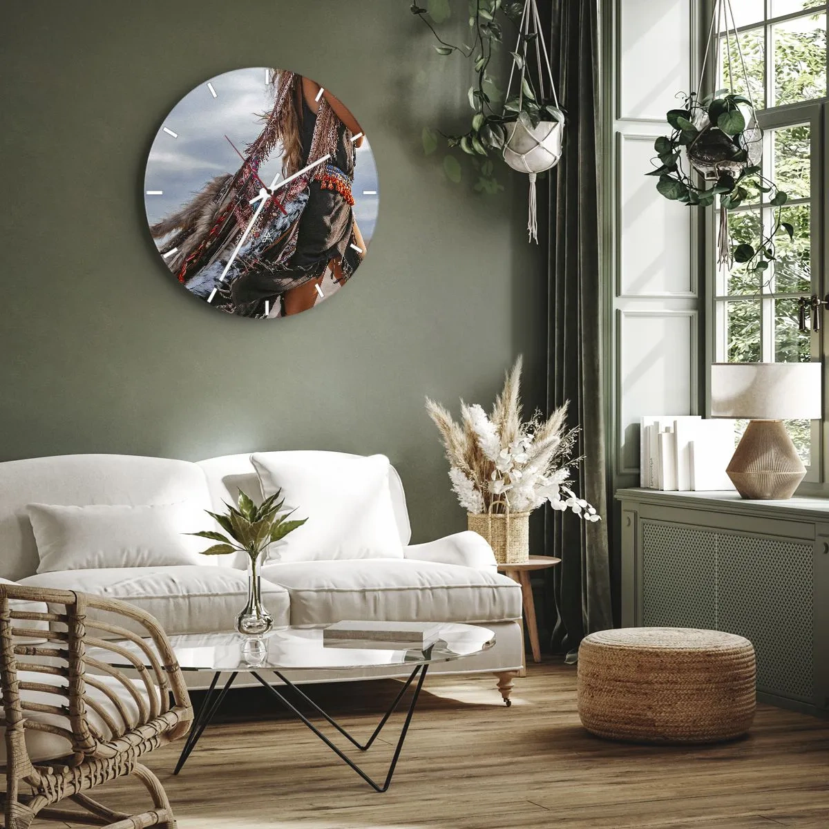 Nástěnné hodiny - Boho plážový styl s třásněmi a ozdobami - 30x30cm - Šamanovo děvče - Moderní nástěnná dekorace do obývacího pokoje, kuchyně a ložnice ARTTOR