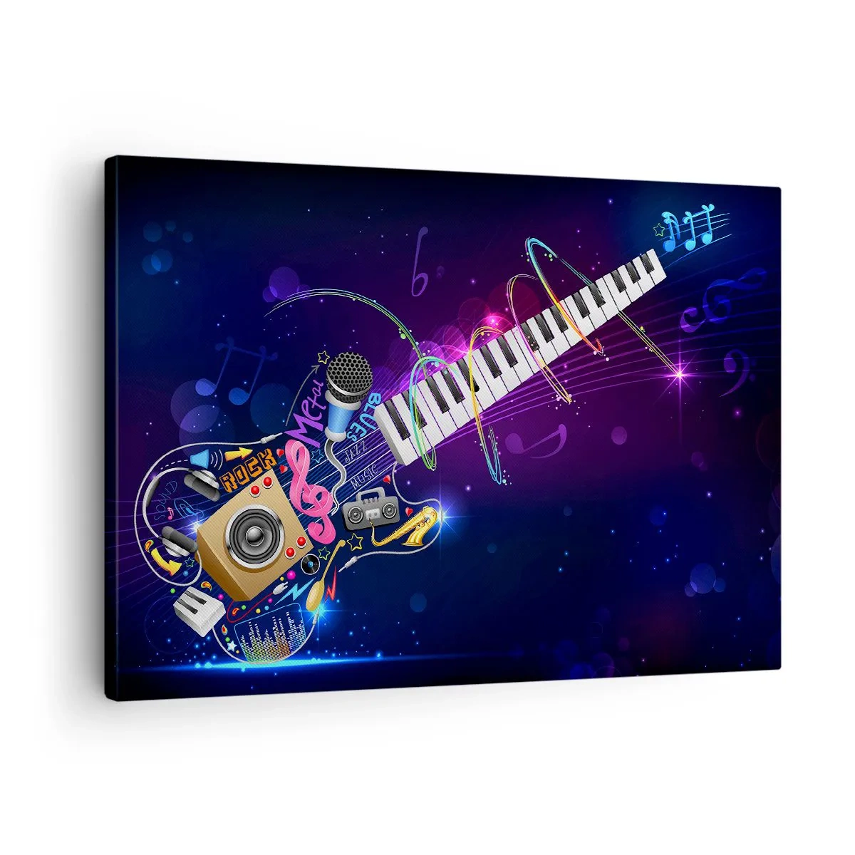 Obraz na plátně - Barevná kytara s klávesnicí a mikrofonem na tmavém pozadí. - 70x50cm - A všechno hraje - Moderní nástěnná dekorace do obývacího pokoje a ložnice ARTTOR