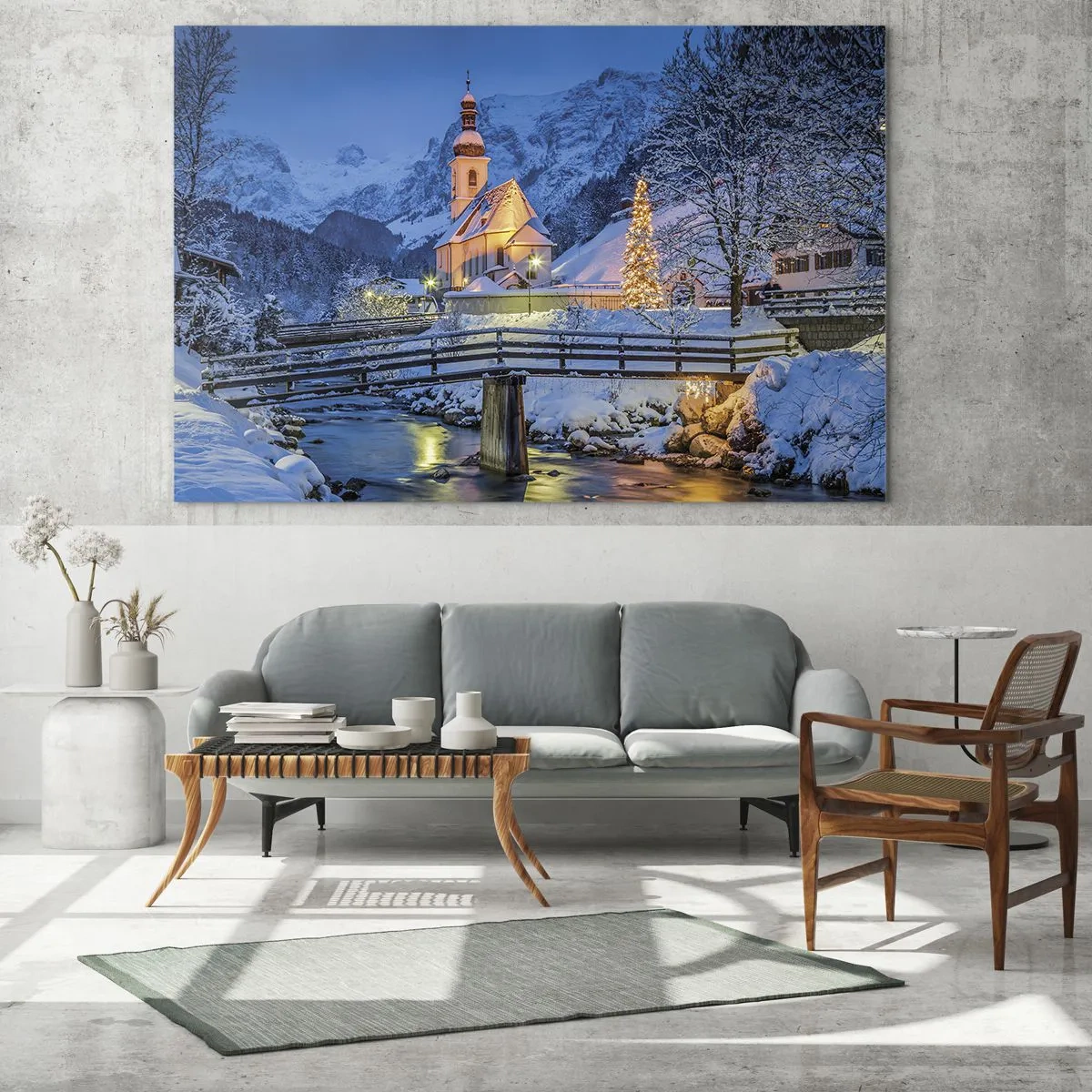 Obraz na skle - Vánoční krajina v zimním prostředí - 70x50cm - Duch Vánoc - Moderní nástěnná dekorace do obývacího pokoje a ložnice ARTTOR