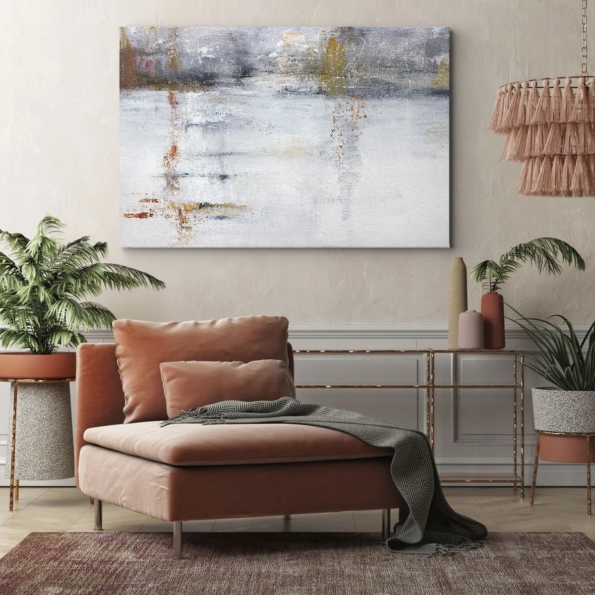 Obraz na plátně - Abstraktní krajina s rozmazanými akcenty šedé a zlaté. - 70x50cm - Za závojem vzduchu - Moderní nástěnná dekorace do obývacího pokoje a ložnice ARTTOR