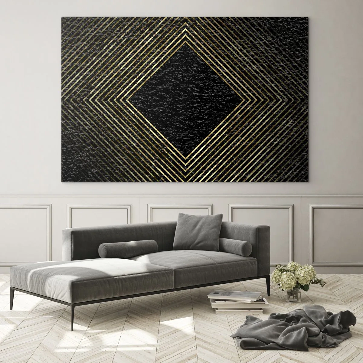 Obraz na skle - Zlatý diamant s geometrickými liniemi na černém pozadí - 70x50cm - Geometrie ve stylu glamour - Moderní nástěnná dekorace do obývacího pokoje a ložnice ARTTOR