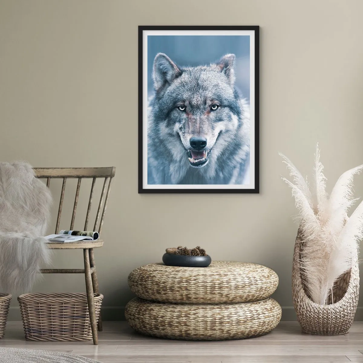 Plakát v černém rámu - Portrét vlka proti zimní krajině - 50x70cm - Přijmete tuto výzvu? - Moderní nástěnná dekorace do obývacího pokoje a ložnice ARTTOR