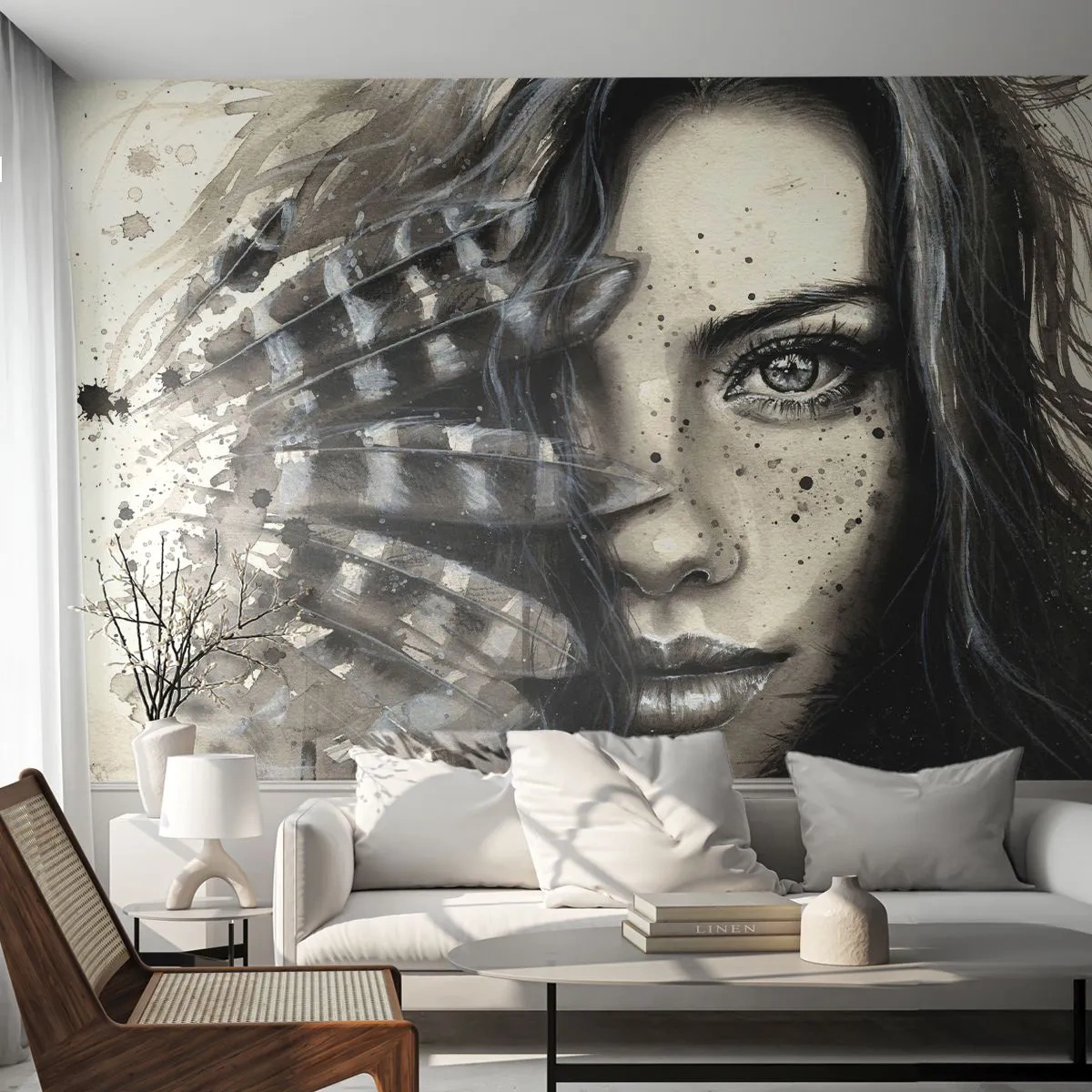 Fototapeta Samolepicí Deluxe Sticker - Divoká krása - Žena, Ptačí peří, Grafika - 250x175 cm