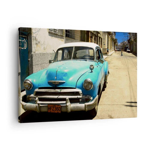Obraz na plátně - Modré klasické auto na ulici za slunečného dne - 70x50cm - Evviva Cuba! - Moderní nástěnná dekorace do obývacího pokoje a ložnice ARTTOR