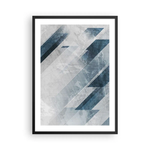 Plakát v černém rámu - Geometrie v odstínech modré a šedé - 50x70cm - Prostorová kompozice – pohyb šedé - Moderní nástěnná dekorace do obývacího pokoje a ložnice ARTTOR