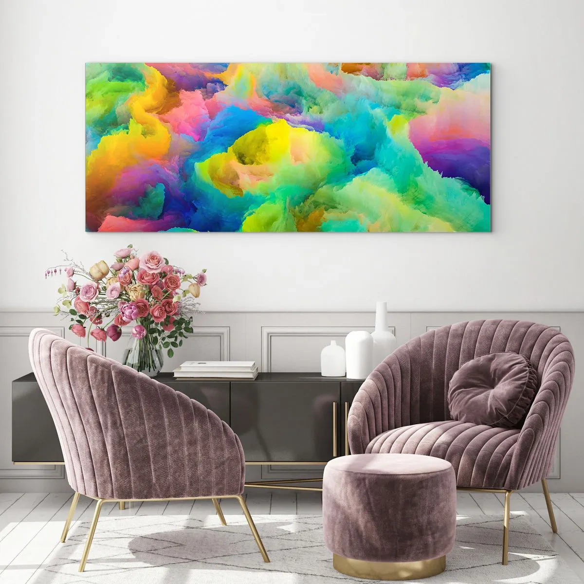 Obraz na skle - Duhové chmýří - 120x50 cm