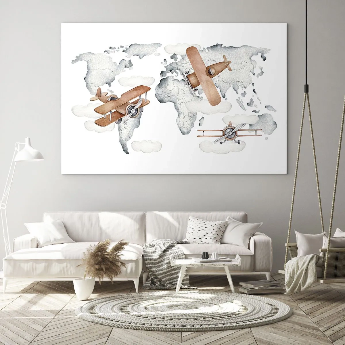 Obraz na skle - Retro mapa světa s letadly pro děti - 70x50cm - V průkopnickém duchu - Moderní nástěnná dekorace do obývacího pokoje a ložnice ARTTOR
