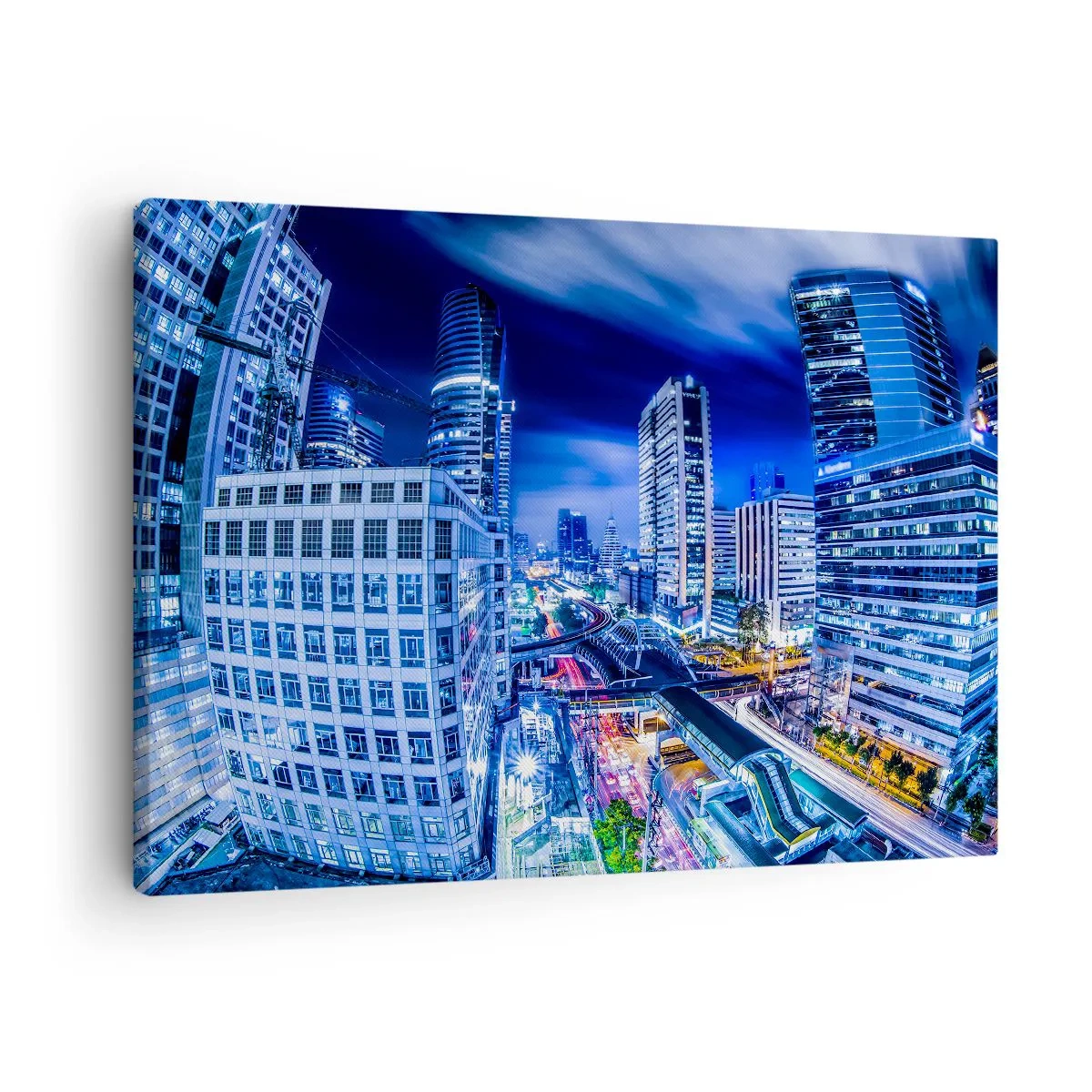 Obraz na plátně - Noční panorama města s mrakodrapy a pouličními lampami - 70x50cm - Rytmy nočního města - Moderní nástěnná dekorace do obývacího pokoje a ložnice ARTTOR