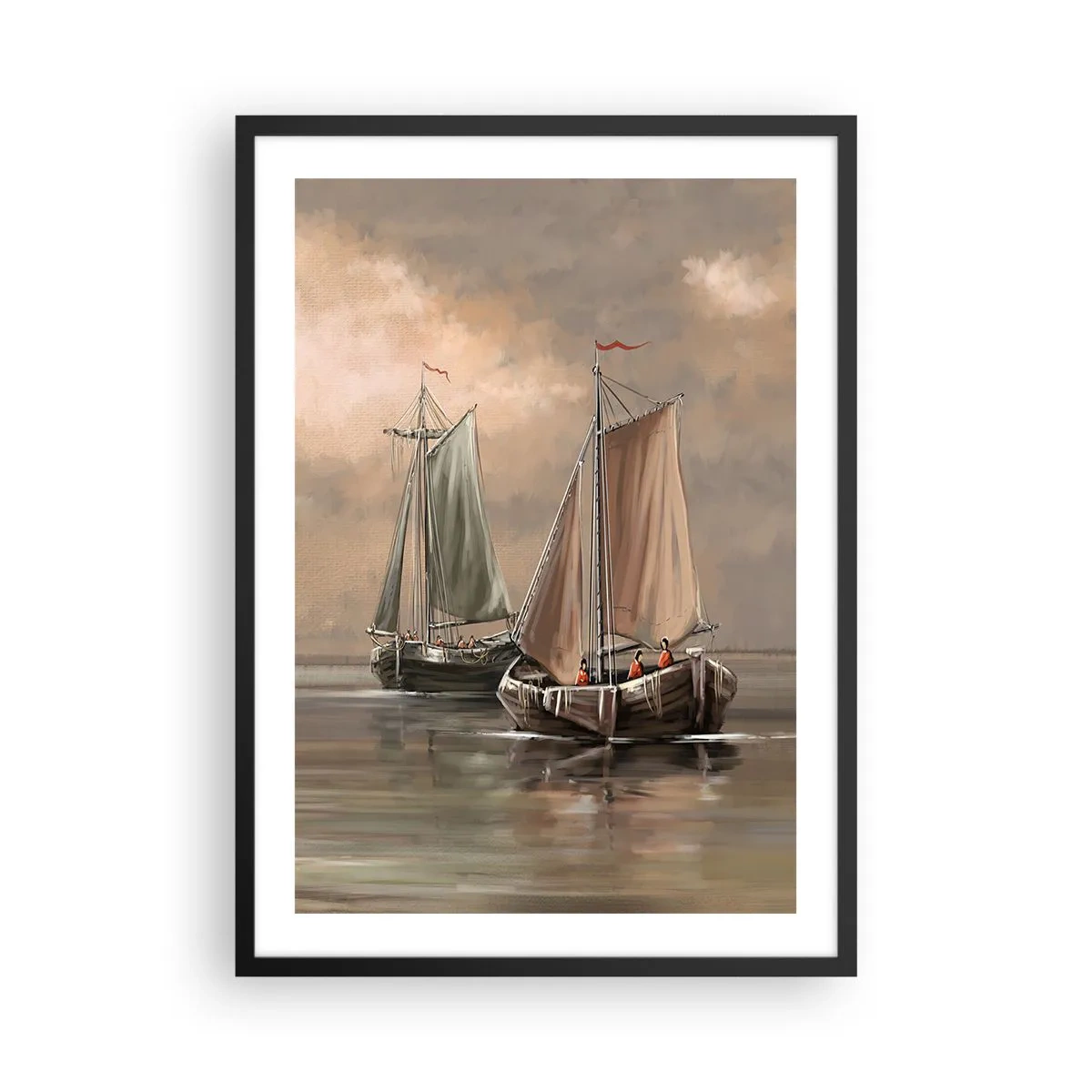 Plakát v černém rámu - Plachetnice na klidném moři v pastelových barvách - 50x70cm - Návrat námořníků - Moderní nástěnná dekorace do obývacího pokoje a ložnice ARTTOR