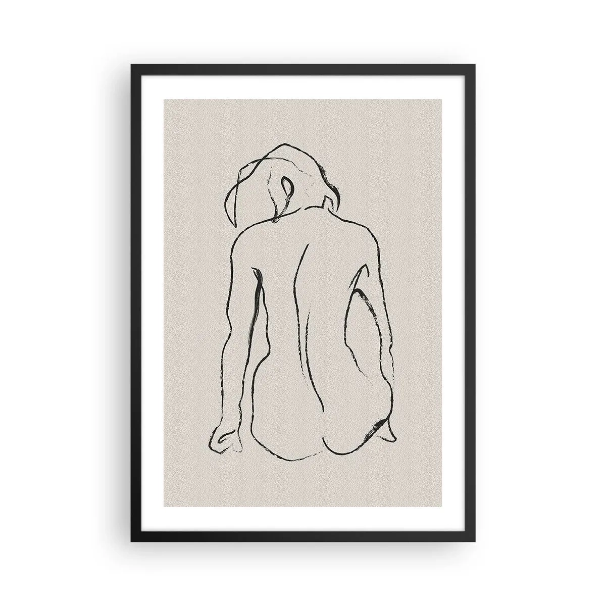 Plakát v černém rámu - Minimalistická skica nahé ženy sedící pozpátku. - 50x70cm - Dívčí akt - Moderní nástěnná dekorace do obývacího pokoje a ložnice ARTTOR