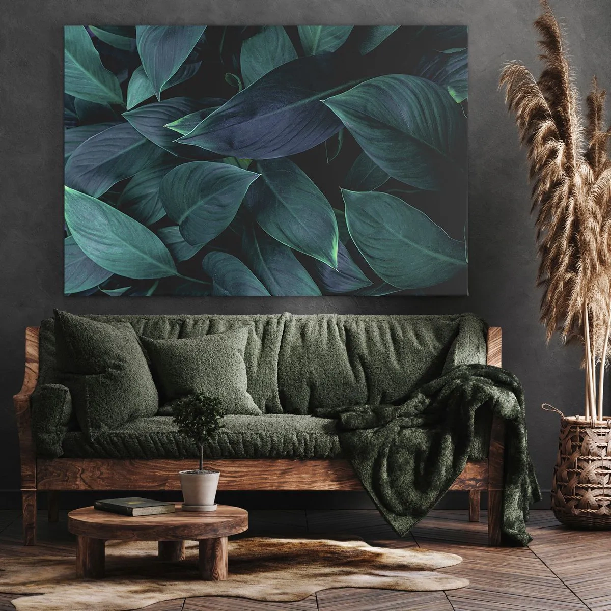 Obraz na plátně - Detail zelených listů s tmavým pozadím - 70x50cm - Zeleň sama o sobě - Moderní nástěnná dekorace do obývacího pokoje a ložnice ARTTOR