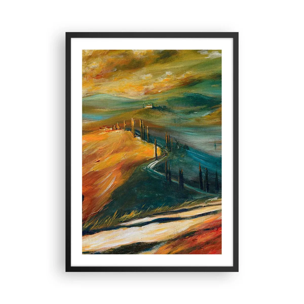 Plakát v černém rámu - Krajina v intenzivních barvách, cesta přes kopce - 50x70cm - Toskánská krajina - Moderní nástěnná dekorace do obývacího pokoje a ložnice ARTTOR