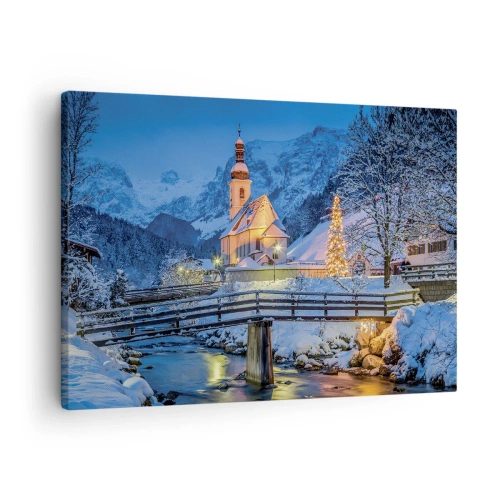 Obraz na plátně - Zimní krajina s kostelem, mostem a horami za soumraku - 70x50cm - Duch Vánoc - Moderní nástěnná dekorace do obývacího pokoje a ložnice ARTTOR
