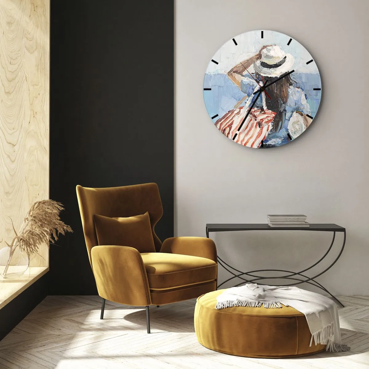 Nástěnné hodiny - Letní obraz ženy v klobouku na pozadí moře - 30x30cm - Vítej na dovolené - Moderní nástěnná dekorace do obývacího pokoje, kuchyně a ložnice ARTTOR